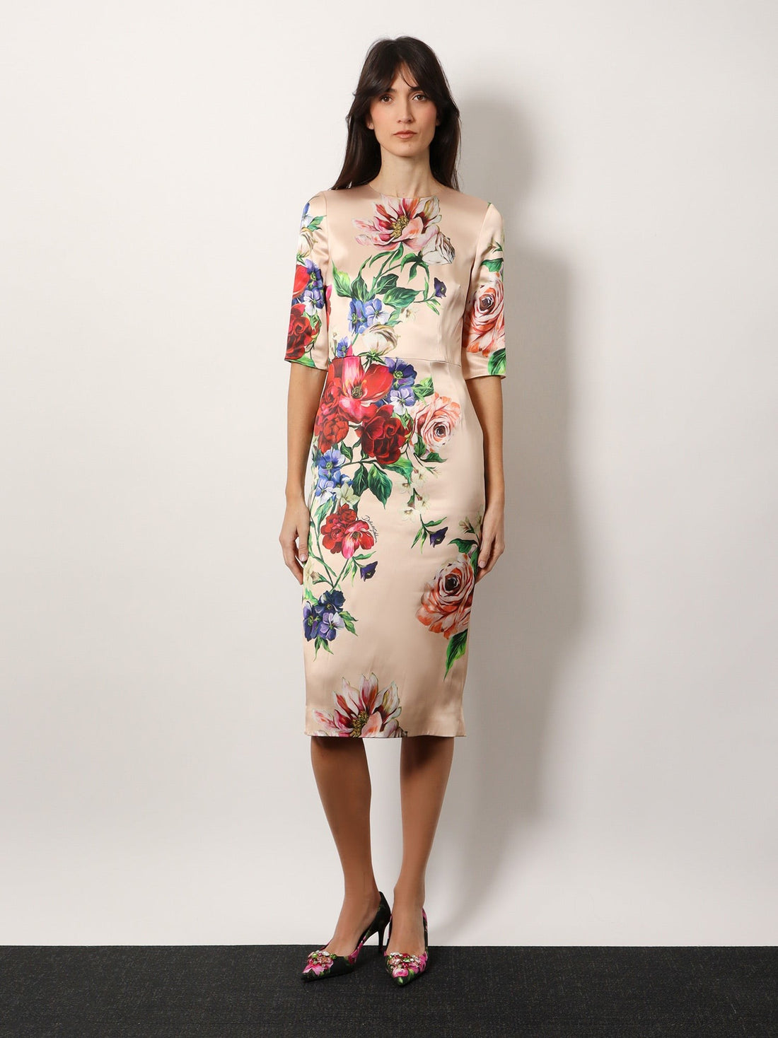 Satin dress with iconic floral print