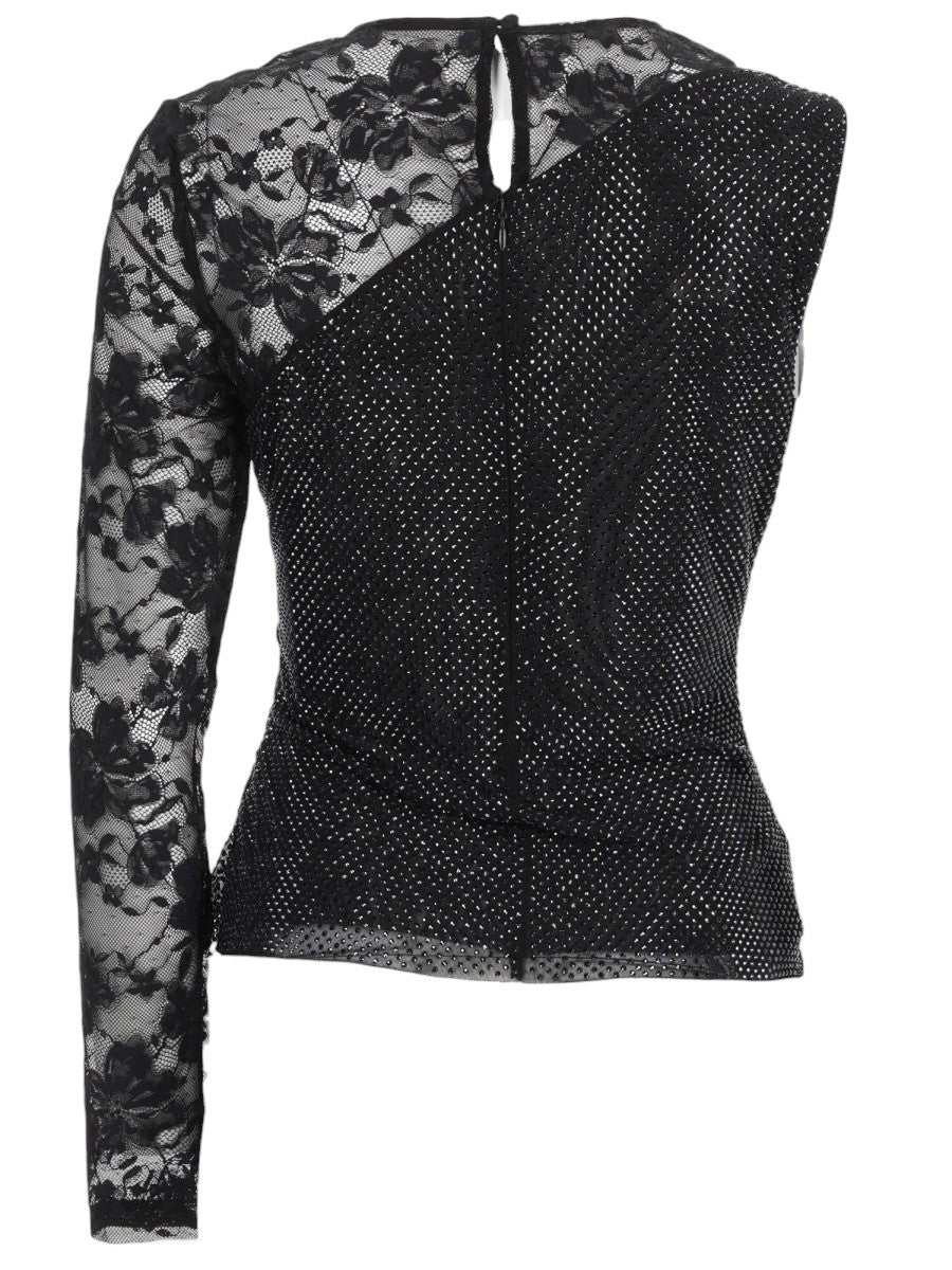 SELF-PORTRAIT Black Rhinestone Lace Sleeve Top in black, shown from the front with asymmetric lace sleeve and crystal-embellished bodice.