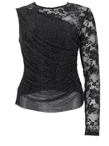 SELF-PORTRAIT Black Rhinestone Lace Sleeve Top in black, shown from the front with asymmetric lace sleeve and crystal-embellished bodice.
