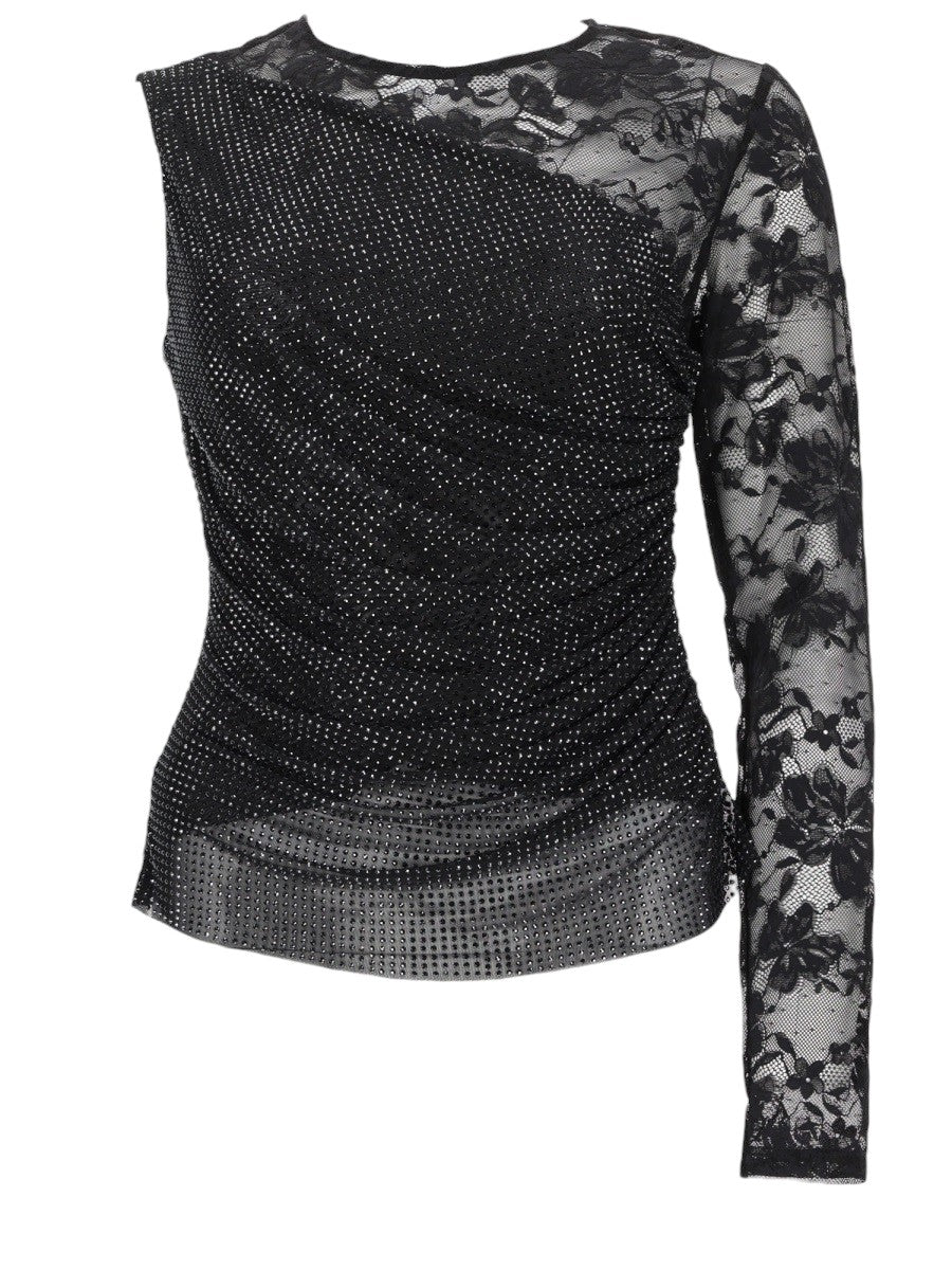 SELF-PORTRAIT Black Rhinestone Lace Sleeve Top in black, shown from the front with asymmetric lace sleeve and crystal-embellished bodice.