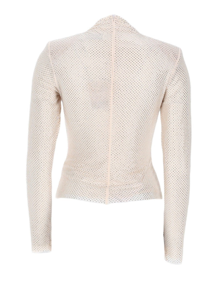 Back view of SELF-PORTRAIT Crystal Embellished Mesh Top in Nude showcasing the fitted silhouette, sheer crystal mesh and clean back seam.