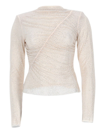 Front view of SELF-PORTRAIT Crystal Embellished Mesh Top in Nude featuring an all-over crystal finish, high neckline and sculpted silhouette.