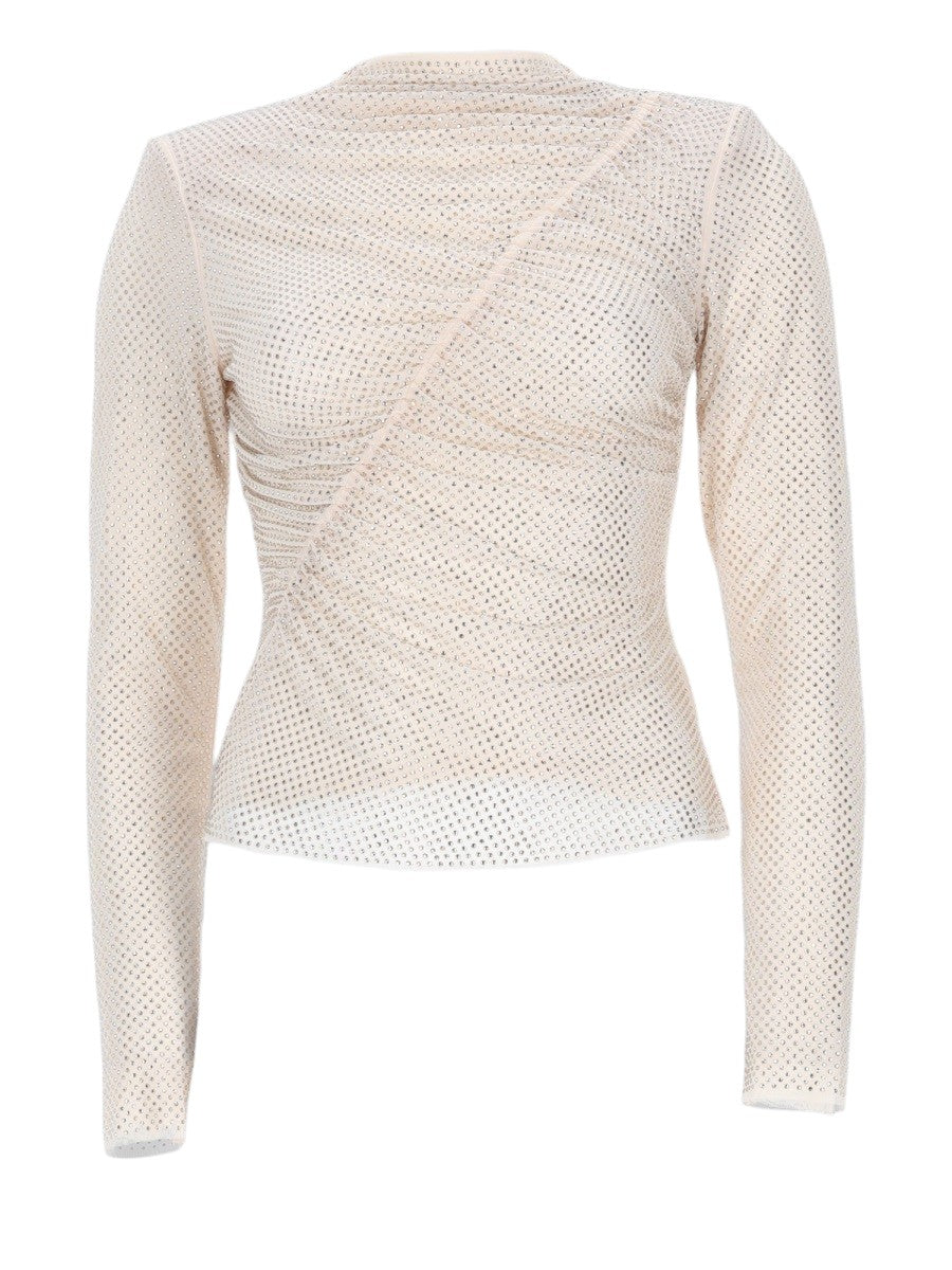 Front view of SELF-PORTRAIT Crystal Embellished Mesh Top in Nude featuring an all-over crystal finish, high neckline and sculpted silhouette.