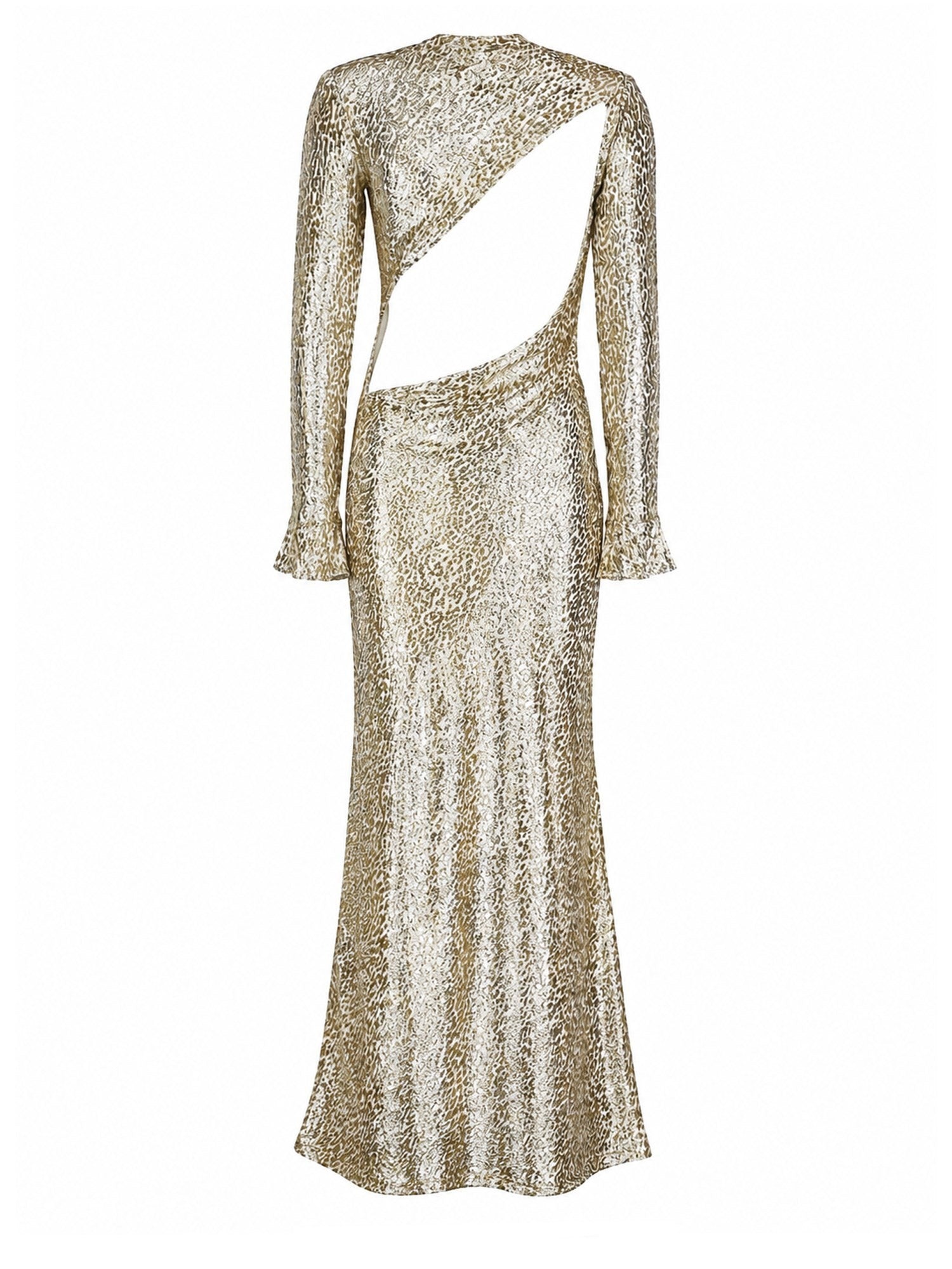 SELF-PORTRAIT Metallic Maxi Dress in gold, rear view with open back cut-out, long sleeves and flowing maxi silhouette.