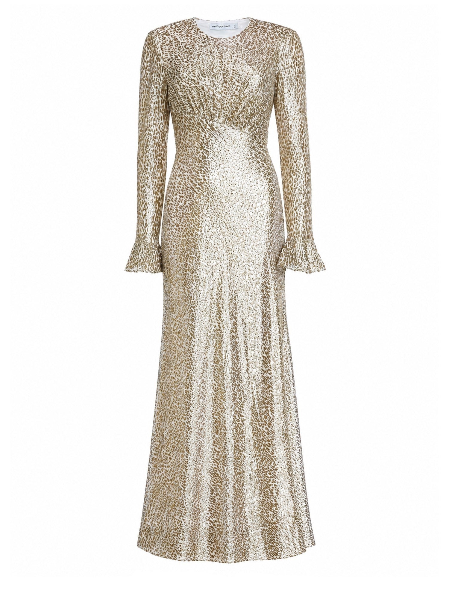 SELF-PORTRAIT Metallic Maxi Dress in gold, front view with long sleeves, fluted cuffs and shimmering textured finish.