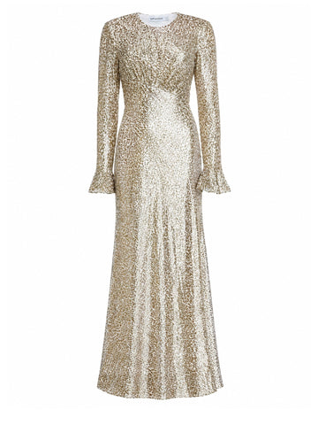 SELF-PORTRAIT Metallic Maxi Dress in gold, front view with long sleeves, fluted cuffs and shimmering textured finish.