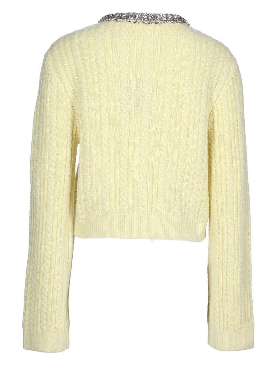 SELF-PORTRAIT Pearl And Crystal Cable-Knit Cardigan in yellow, rear view showing the cropped cable-knit silhouette and crystal-trim collar.
