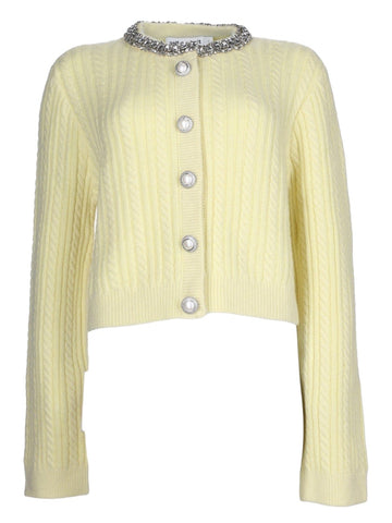 SELF-PORTRAIT Pearl And Crystal Cable-Knit Cardigan in yellow, front view with pearl buttons, crystal-trim collar and textured cable-knit finish.