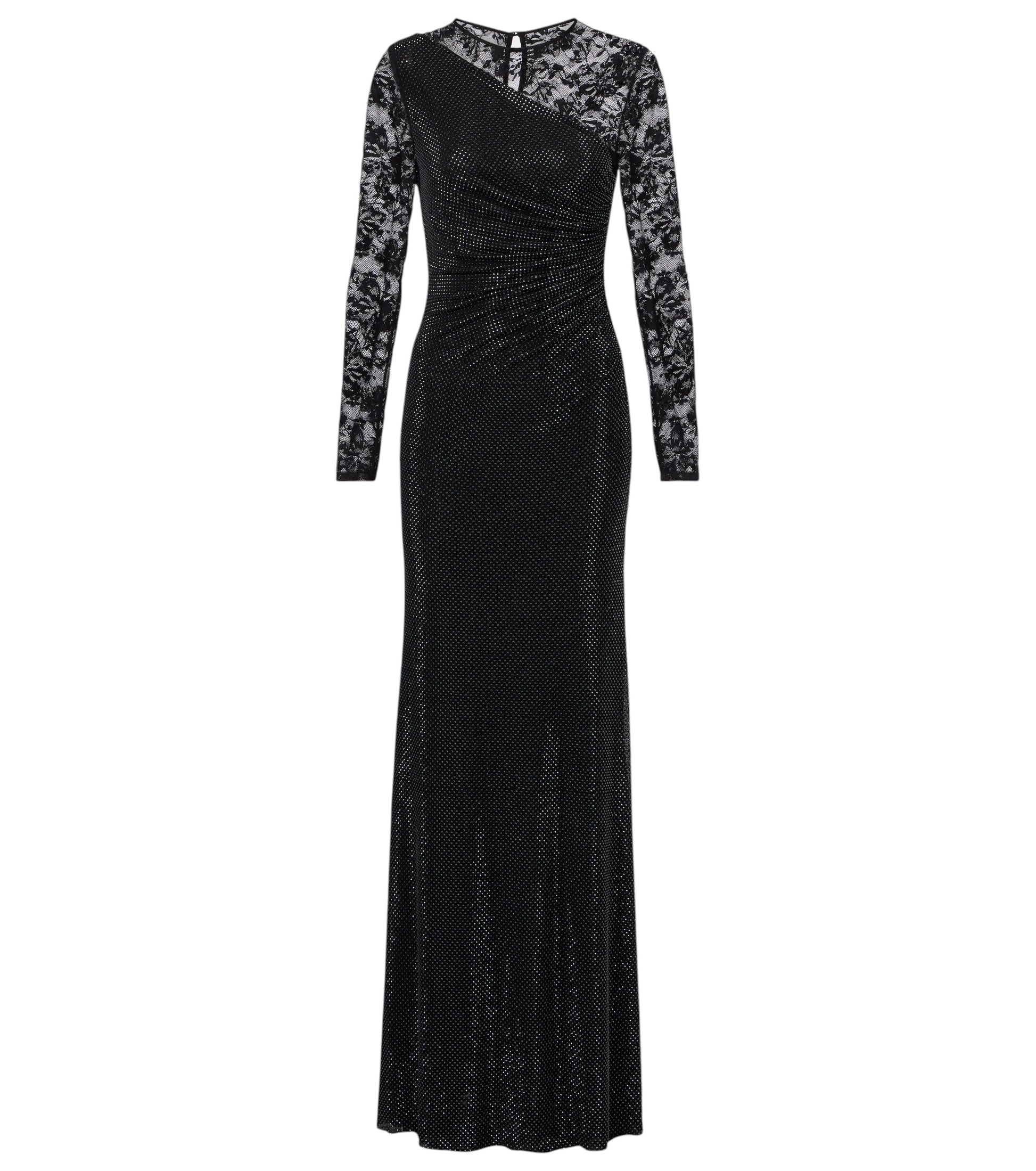 Self-Portrait black rhinestone lace-trimmed gown with long lace sleeves, asymmetric neckline, ruched bodice and fitted maxi silhouette.
