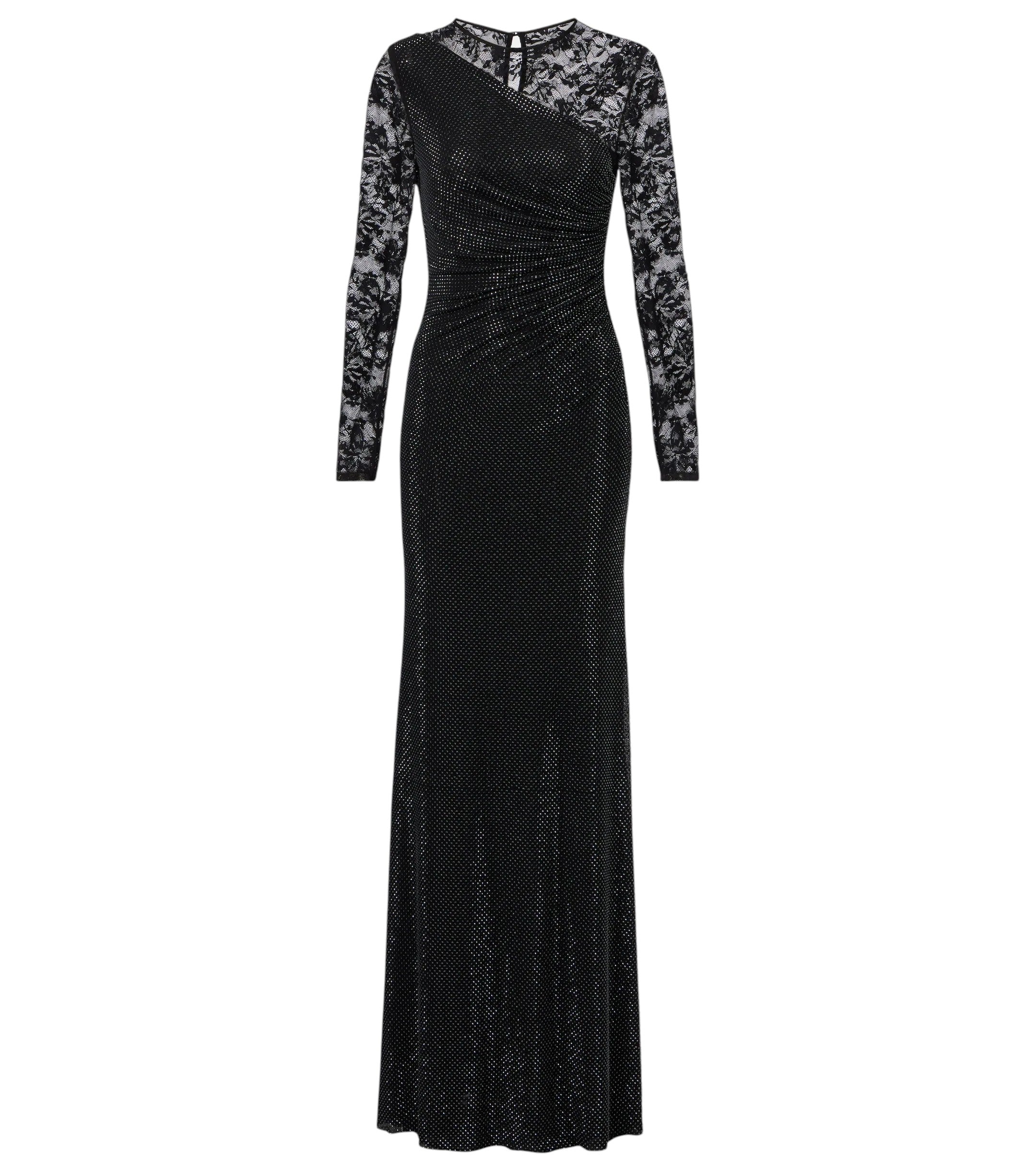 Self-Portrait black rhinestone lace-trimmed gown with long lace sleeves, asymmetric neckline, ruched bodice and fitted maxi silhouette.