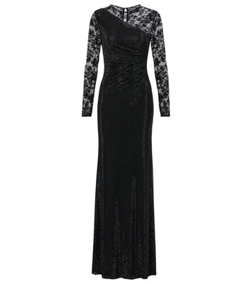 Self-Portrait black rhinestone lace-trimmed gown with long lace sleeves, asymmetric neckline, ruched bodice and fitted maxi silhouette.