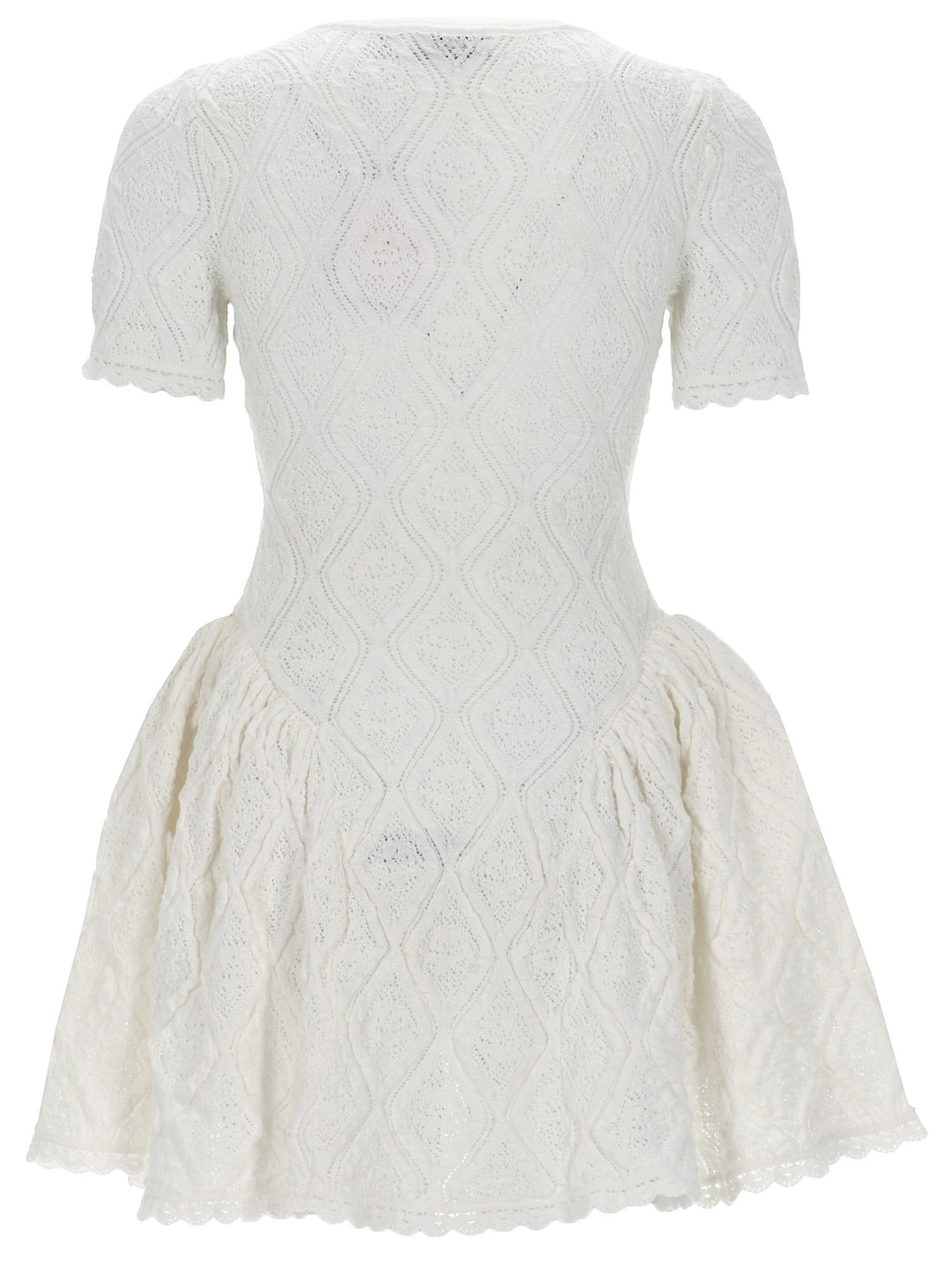 SELF-PORTRAIT - White Pointelle Knit Flared Mini Dress white-knit-dress-self-portrait-white-pointelle-knit-flared-mini-dress