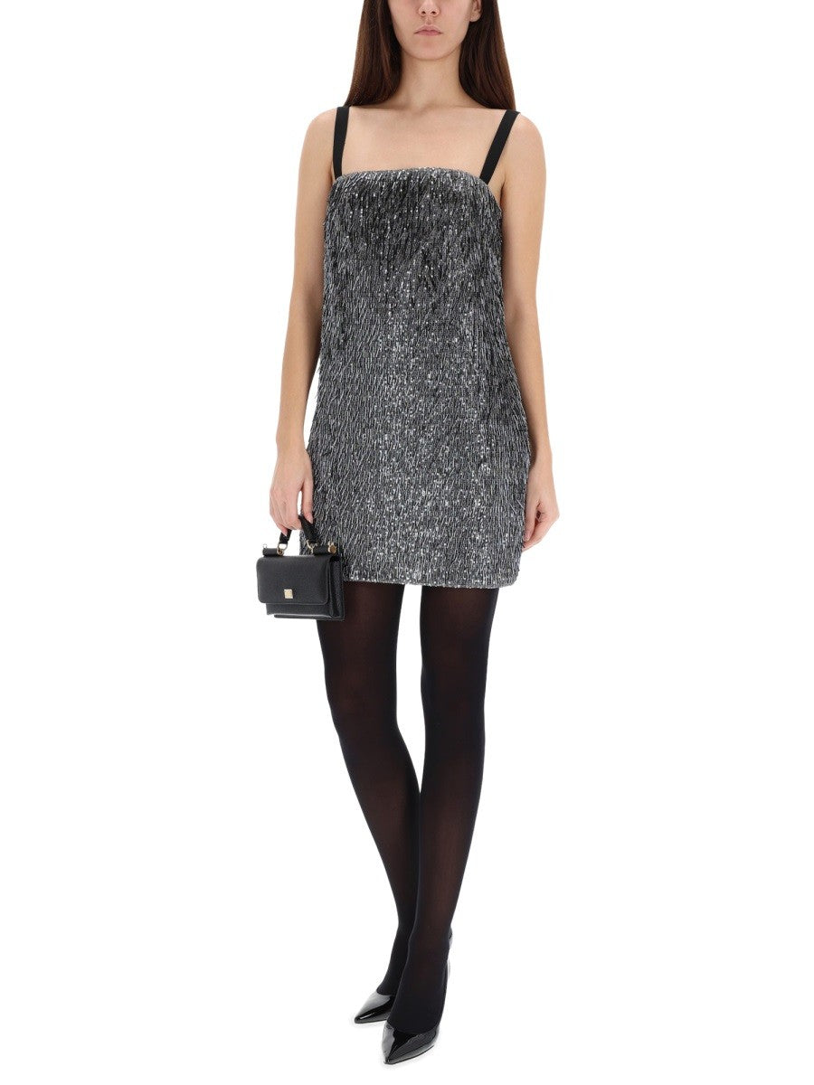 Dolce & Gabbana - Silver sequined glitter sparlking effect mini dress on model front view