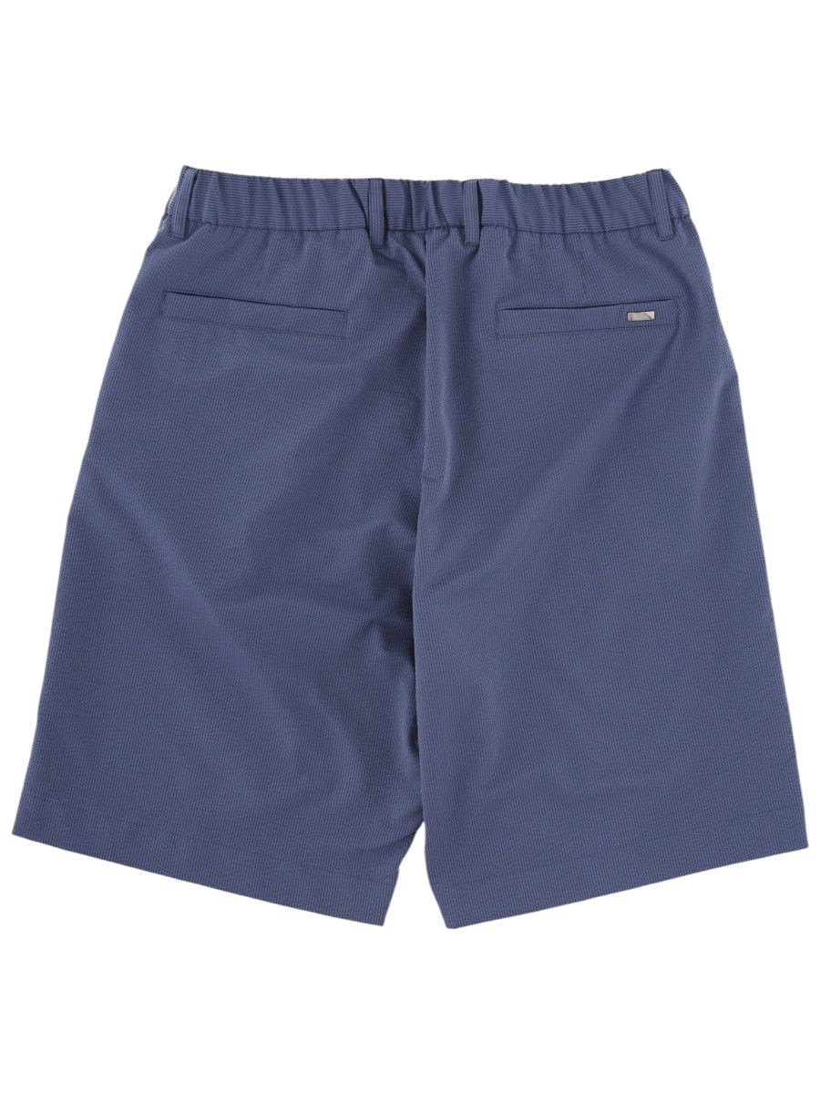 Klosmo Herno blue polyester corduroy shorts with an elasticated waistband and pleated front design.