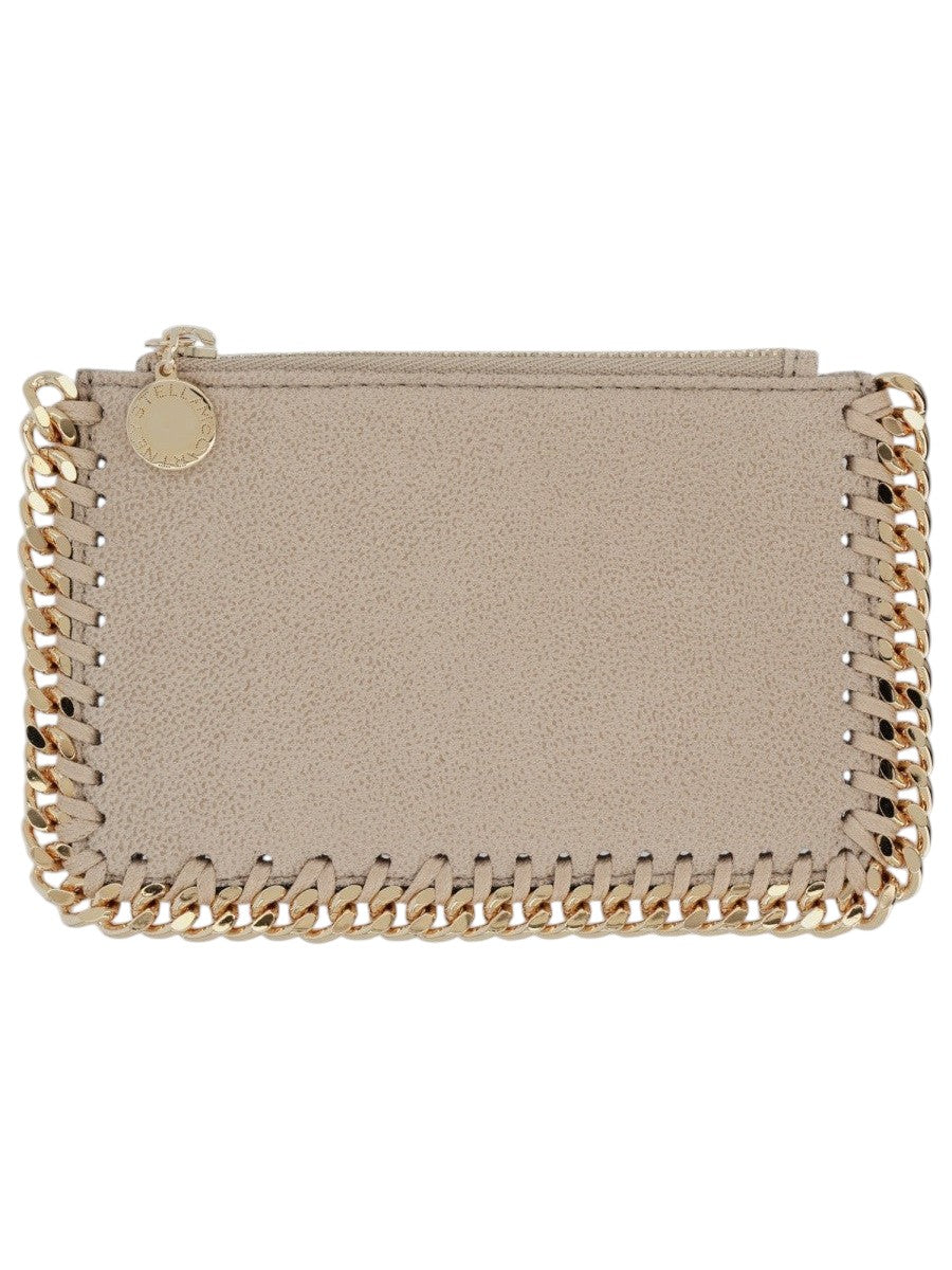 Stella McCartney Falabella card holder in light beige shaggy deer fabric featuring multiple card slots and signature gold-tone chain trim.