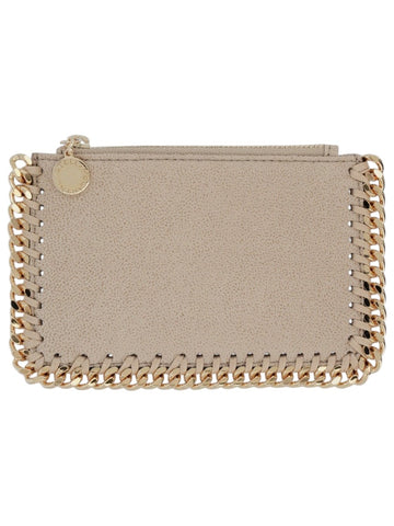 Stella McCartney Falabella card holder in light beige shaggy deer fabric featuring multiple card slots and signature gold-tone chain trim.
