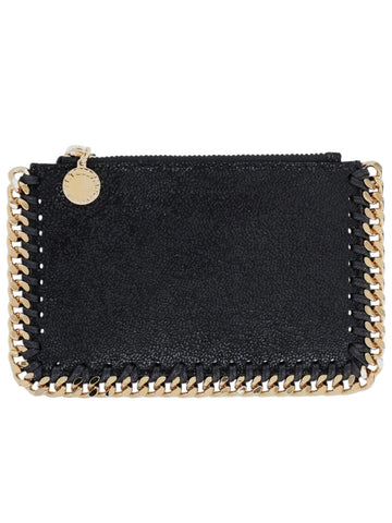 Stella McCartney Falabella zip card holder in black shaggy deer fabric featuring signature gold-tone chain trim and compact silhouette.