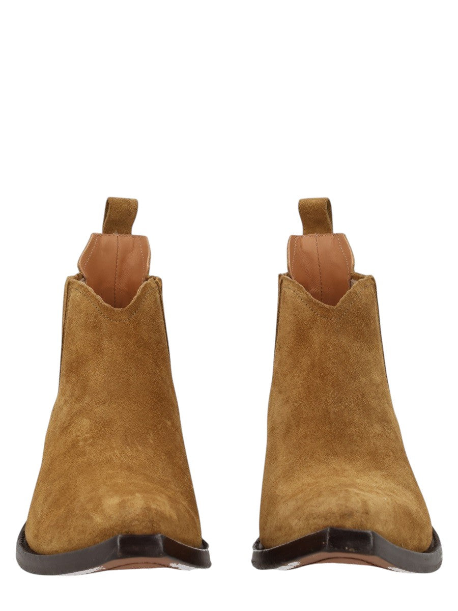 Maison Margiela tan suede Western Chelsea heel-less ankle boots with pointed toe and elastic side panels.