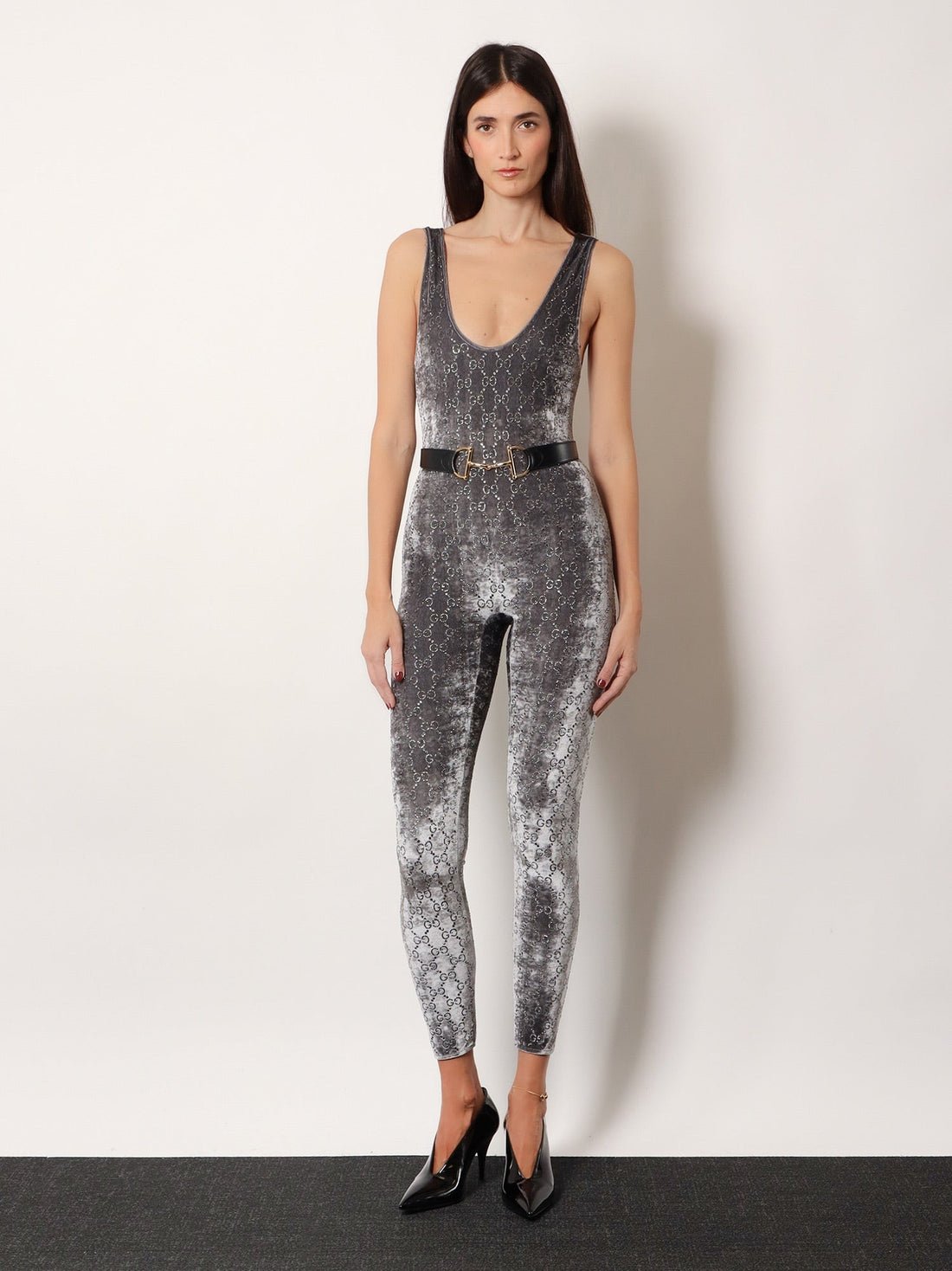 Stretch chenille jumpsuit with all-over crystals