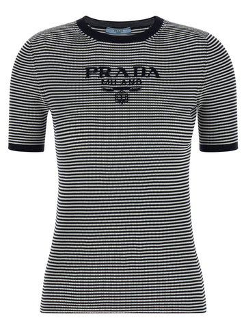 PRADA - Striped silk t-shirt Blue 42 IT