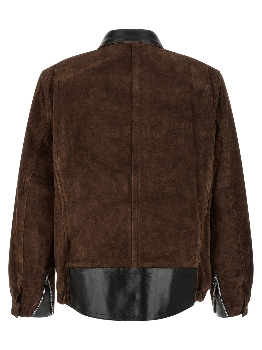 Sacai brown suede aviator-style jacket with black leather trim on the collar, zipper, and pocket flaps