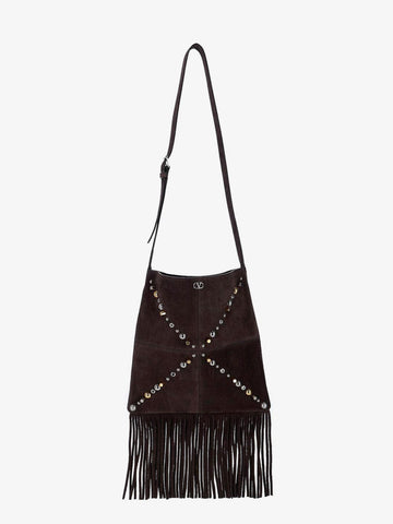 Suede shoulder bag with fringes and metal details