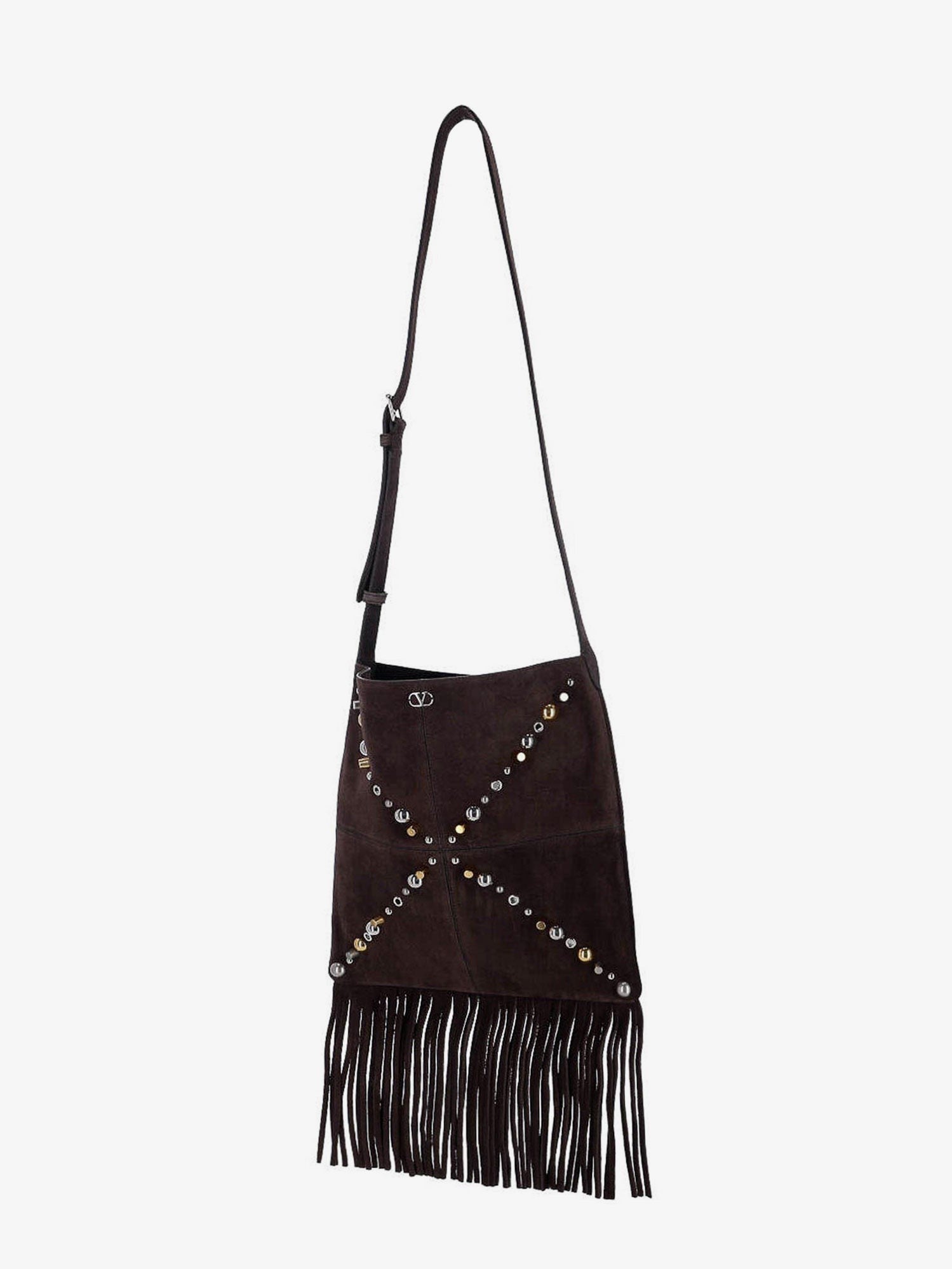Suede shoulder bag with fringes and metal details