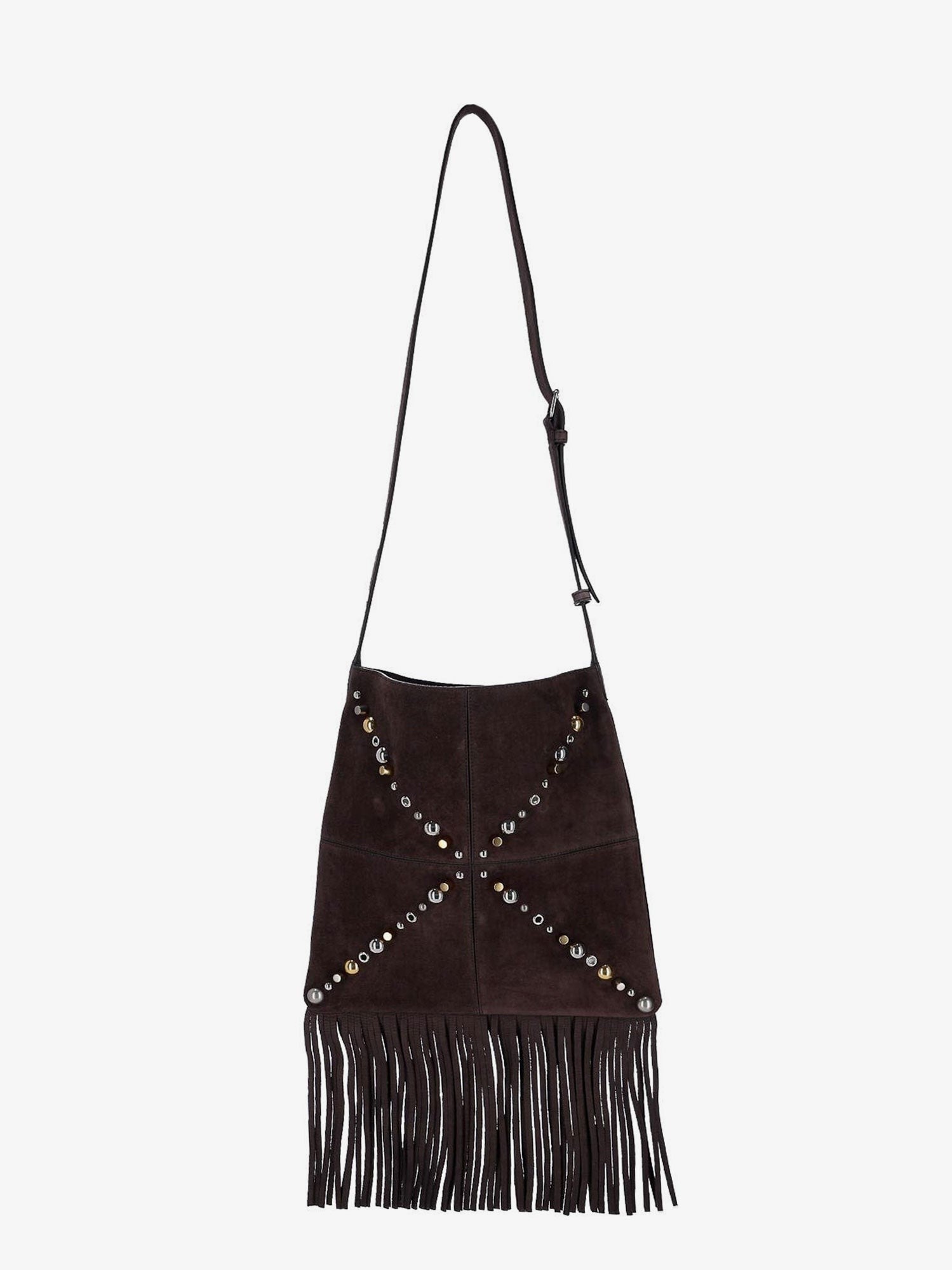 Suede shoulder bag with fringes and metal details