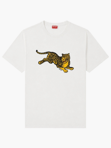 Klosmo white slim fit cotton t-shirt featuring a yellow and black jumping tiger graphic print