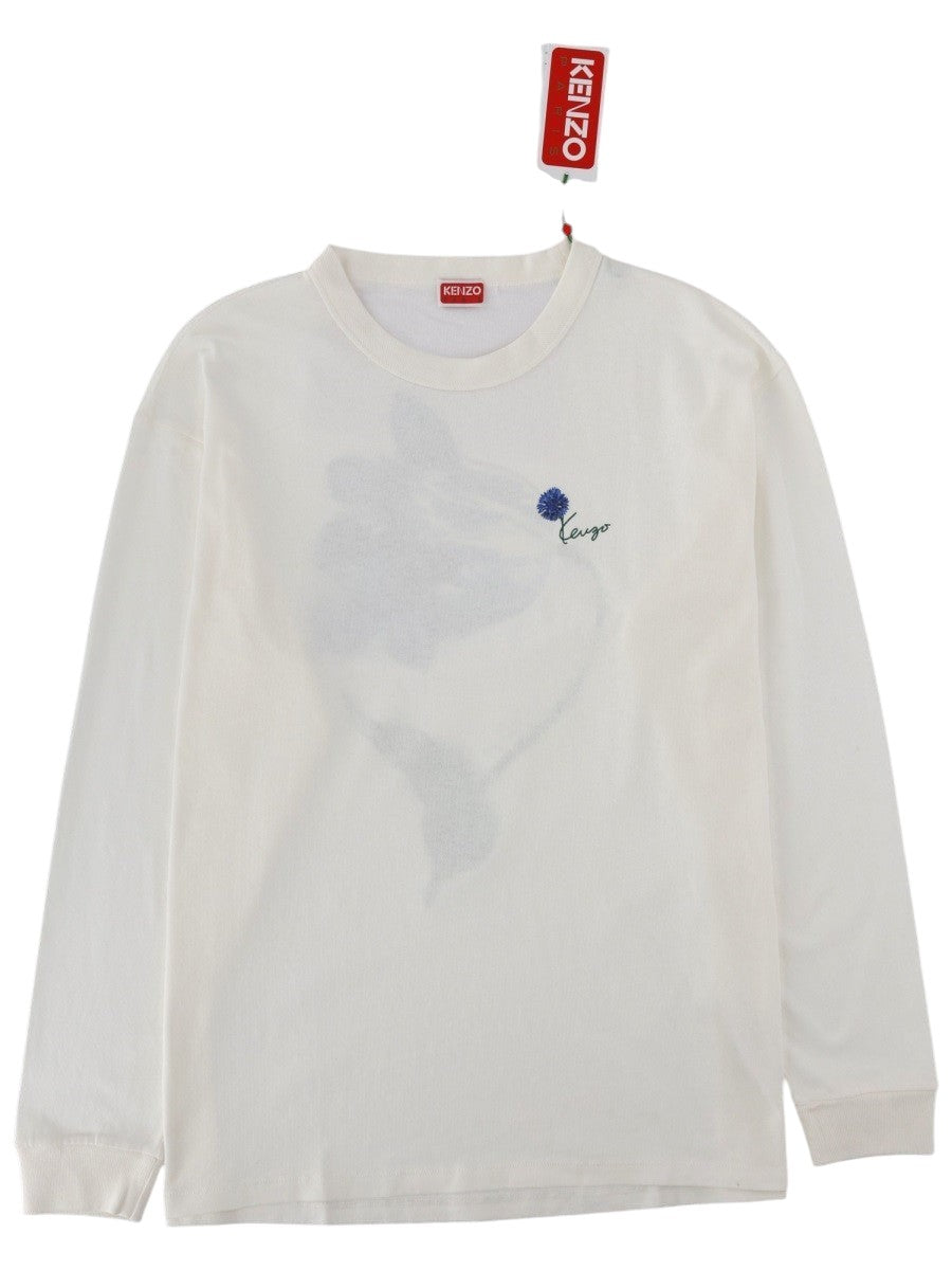 Kenzo -  White "TULIP" Long-sleeved Cotton T-shirt with Tulip Pattern on the back and Tulip logo on front