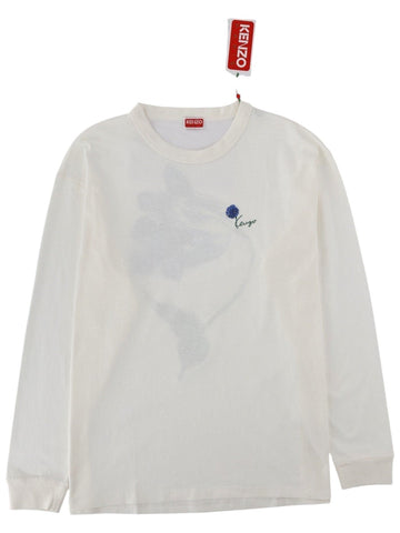 Kenzo -  White "TULIP" Long-sleeved Cotton T-shirt with Tulip Pattern on the back and Tulip logo on front