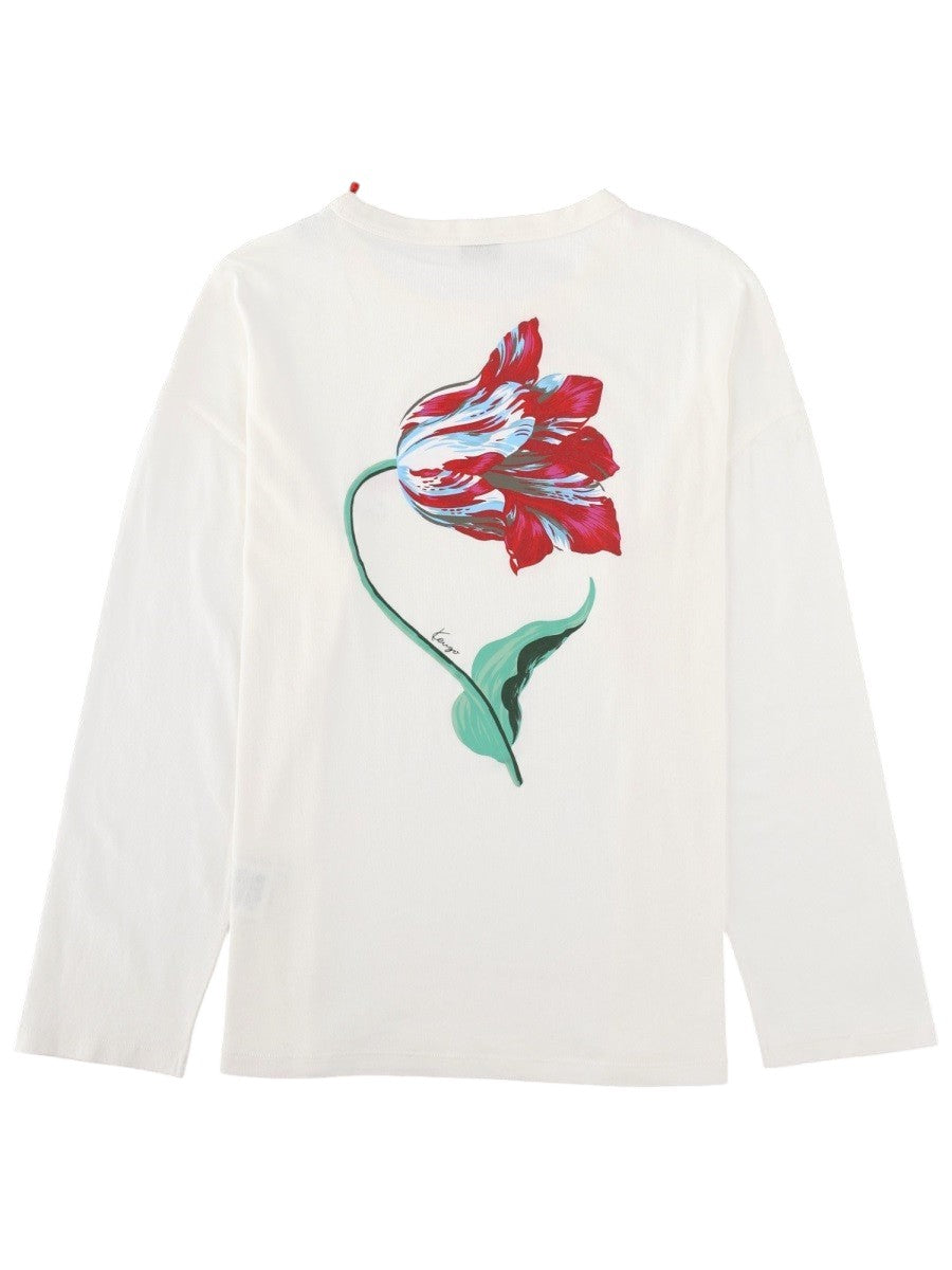 Kenzo -  White "TULIP" Long-sleeved Cotton T-shirt with red Tulip Pattern on the back 