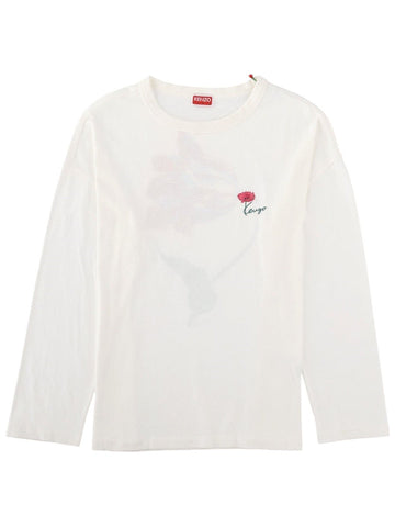 Kenzo -  White "TULIP" Long-sleeved Cotton T-shirt with red Tulip logo on the front