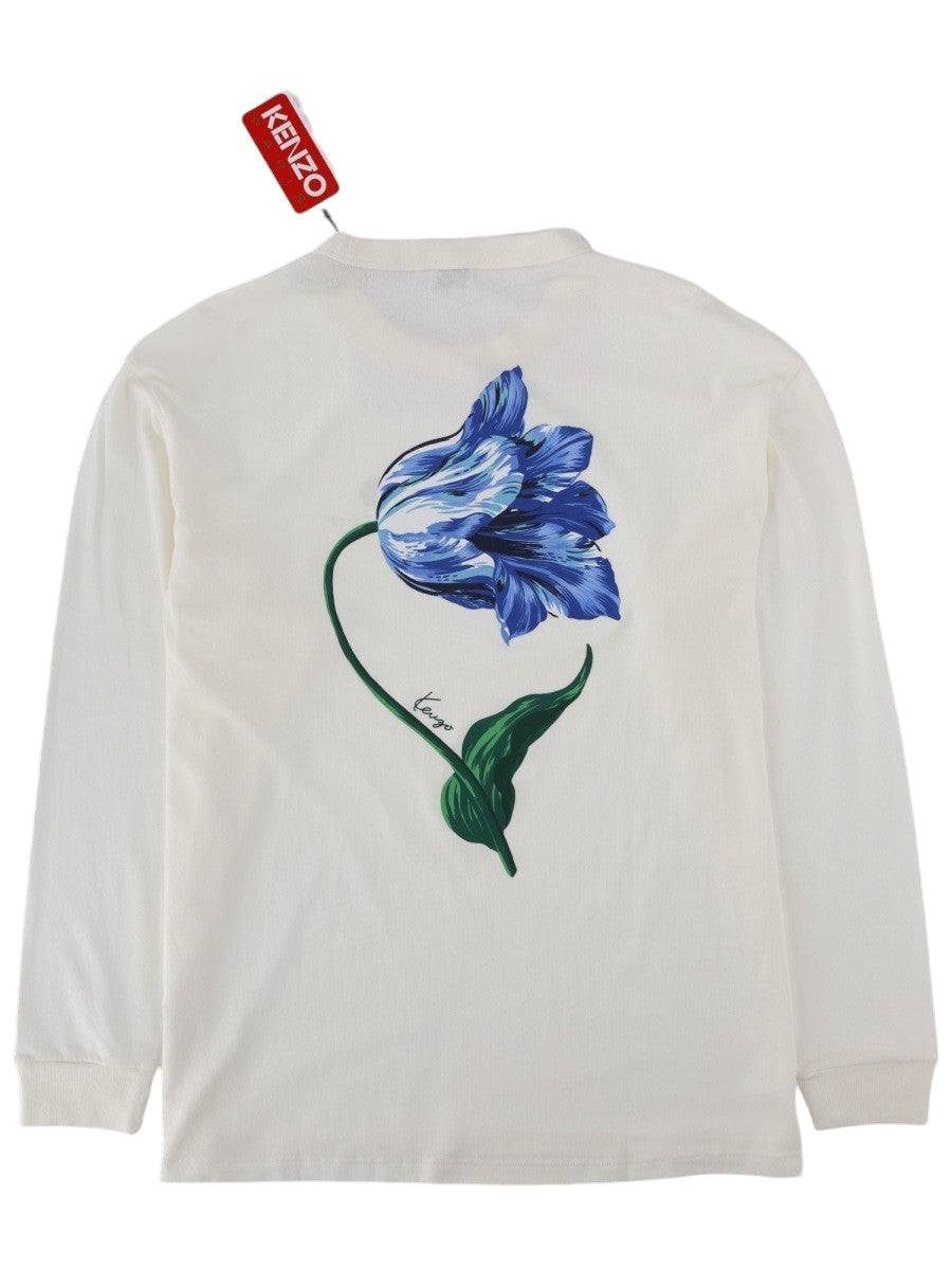 Kenzo -  White "TULIP" Long-sleeved Cotton T-shirt with Tulip Pattern on the back 