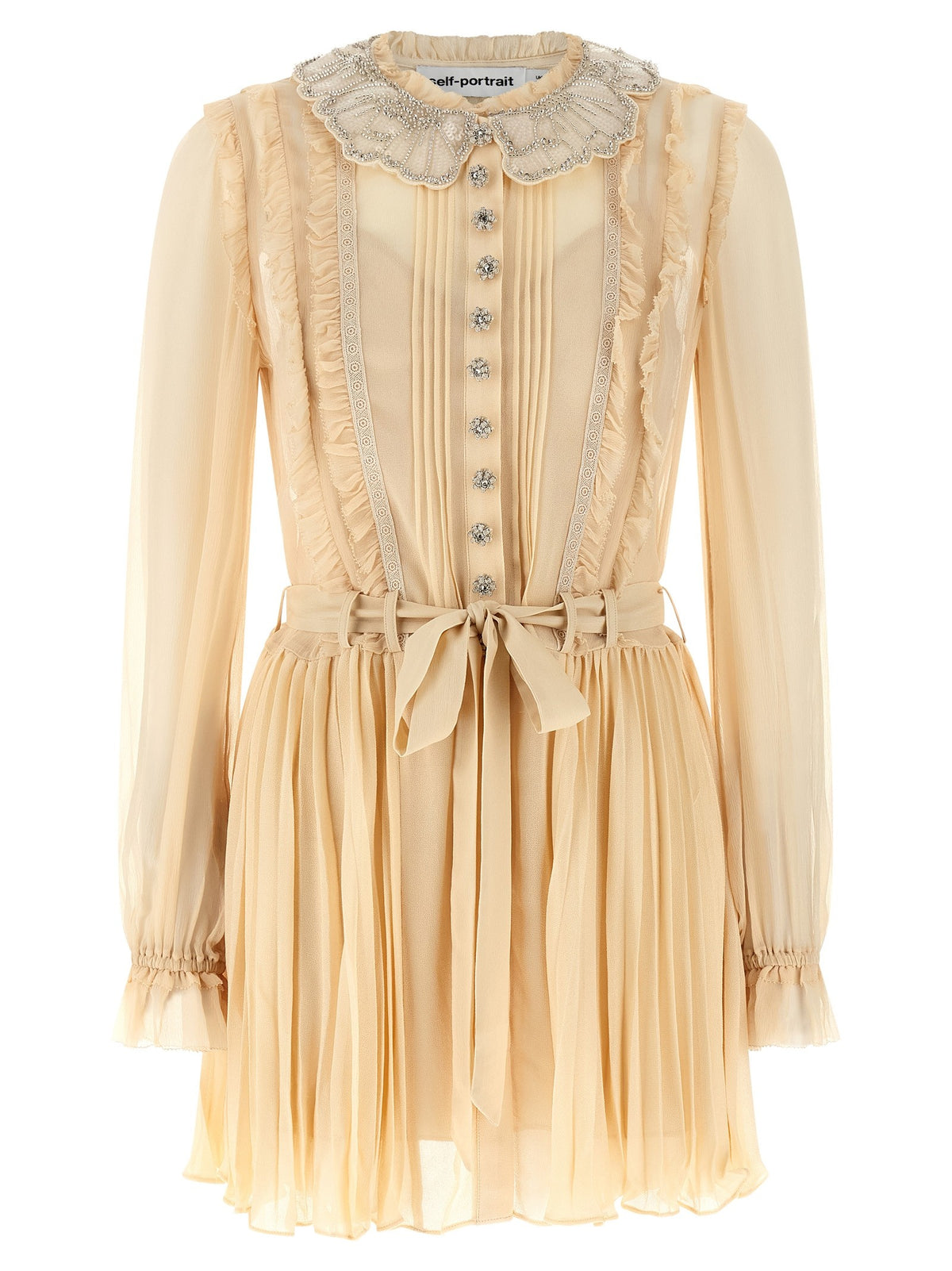 SELF-PORTRAIT  Tan Pleated Georgette Mini beige dress with lace collar and buttons 