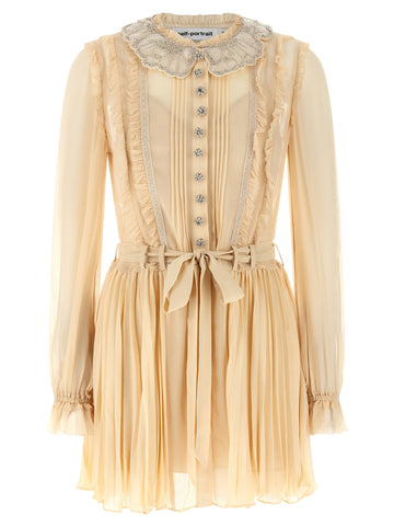 SELF-PORTRAIT  Tan Pleated Georgette Mini beige dress with lace collar and buttons 
