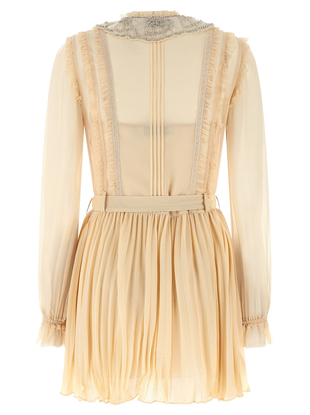SELF-PORTRAIT  Tan Pleated Georgette Mini beige dress with lace collar and buttons 