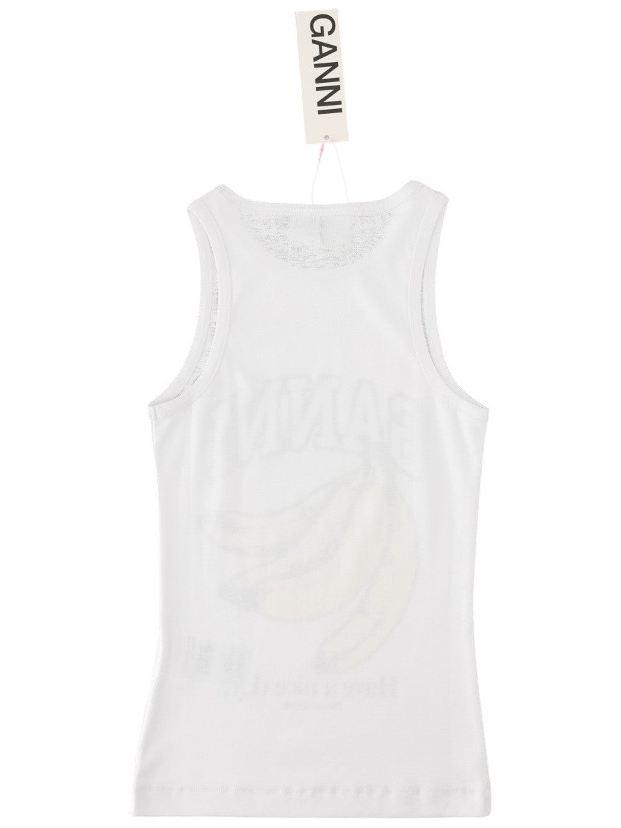 Back view of GANNI white tank top with sleeveless cut and visible banana artwork through the cotton fabric