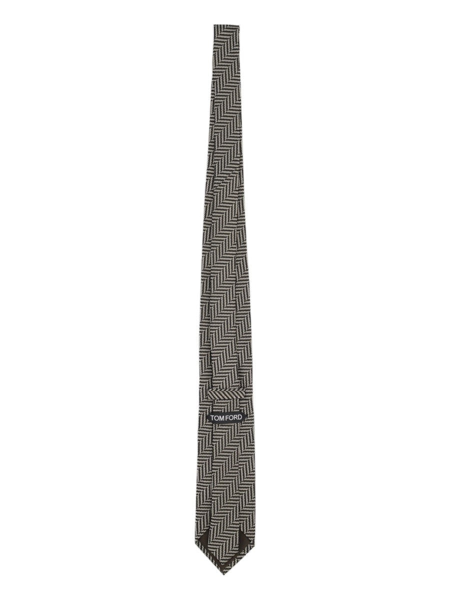 TOM FORD - 8 cm Silk Jacquard Tie - Black & White tom-ford-8cm-silk-jacquard-tie-black-white-herringbone-back-jpg