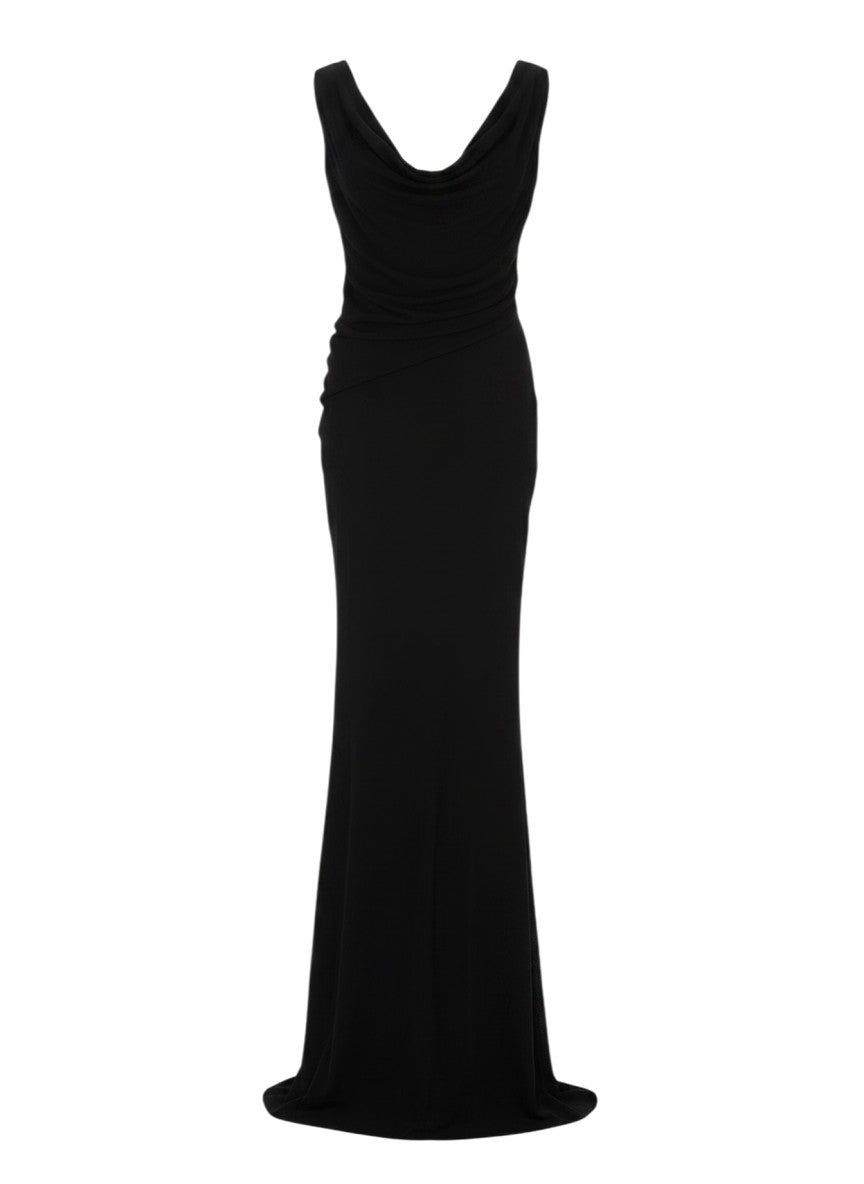 TOM FORD black viscose jersey crepe evening gown with a draped cowl neckline and floor-length silhouette.