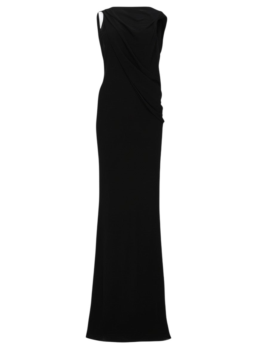 Tom Ford black floor-length evening gown in draped viscose crepe jersey with a sleeveless silhouette