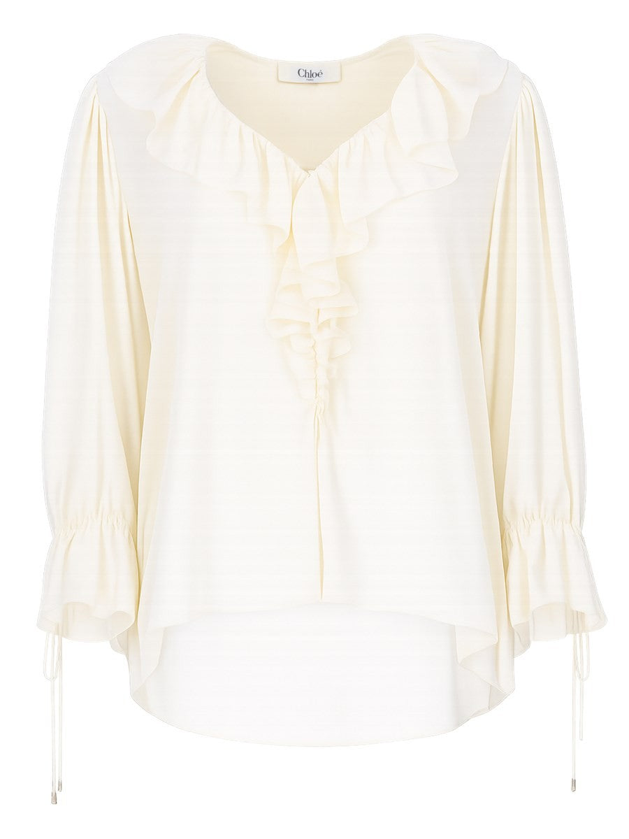 CHLOÉ CHLOÉ - TOP CON VOLANT E SCOLLO A V IN CRÊPE DE CHINE