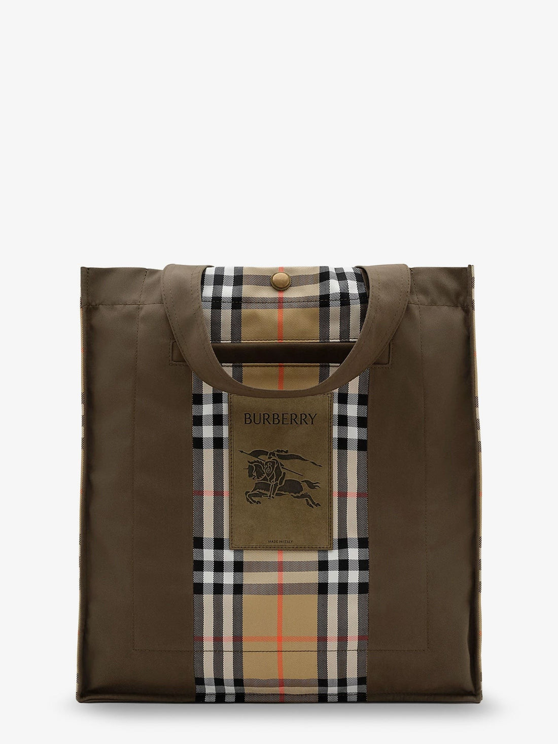 Burberry Tote Trench Check canvas shoulder bag with suede logo label on the front