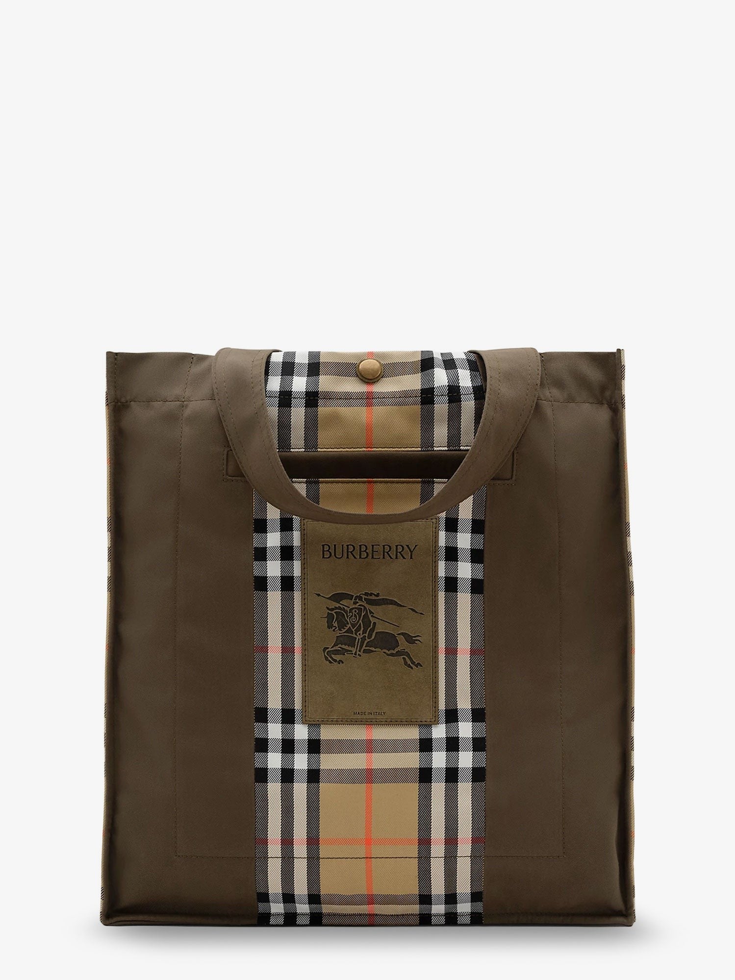 Burberry Tote Trench Check canvas shoulder bag with suede logo label on the front