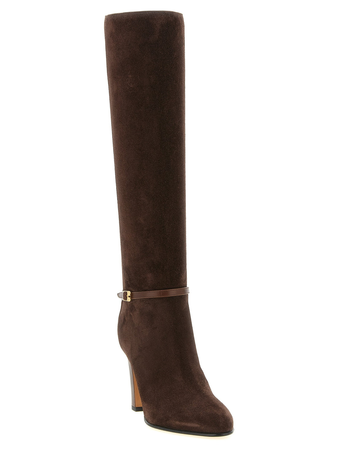 Valentino Garavani Pattie dark brown suede knee-high boot with a block heel and a thin brown ankle strap featuring a small gold buckle