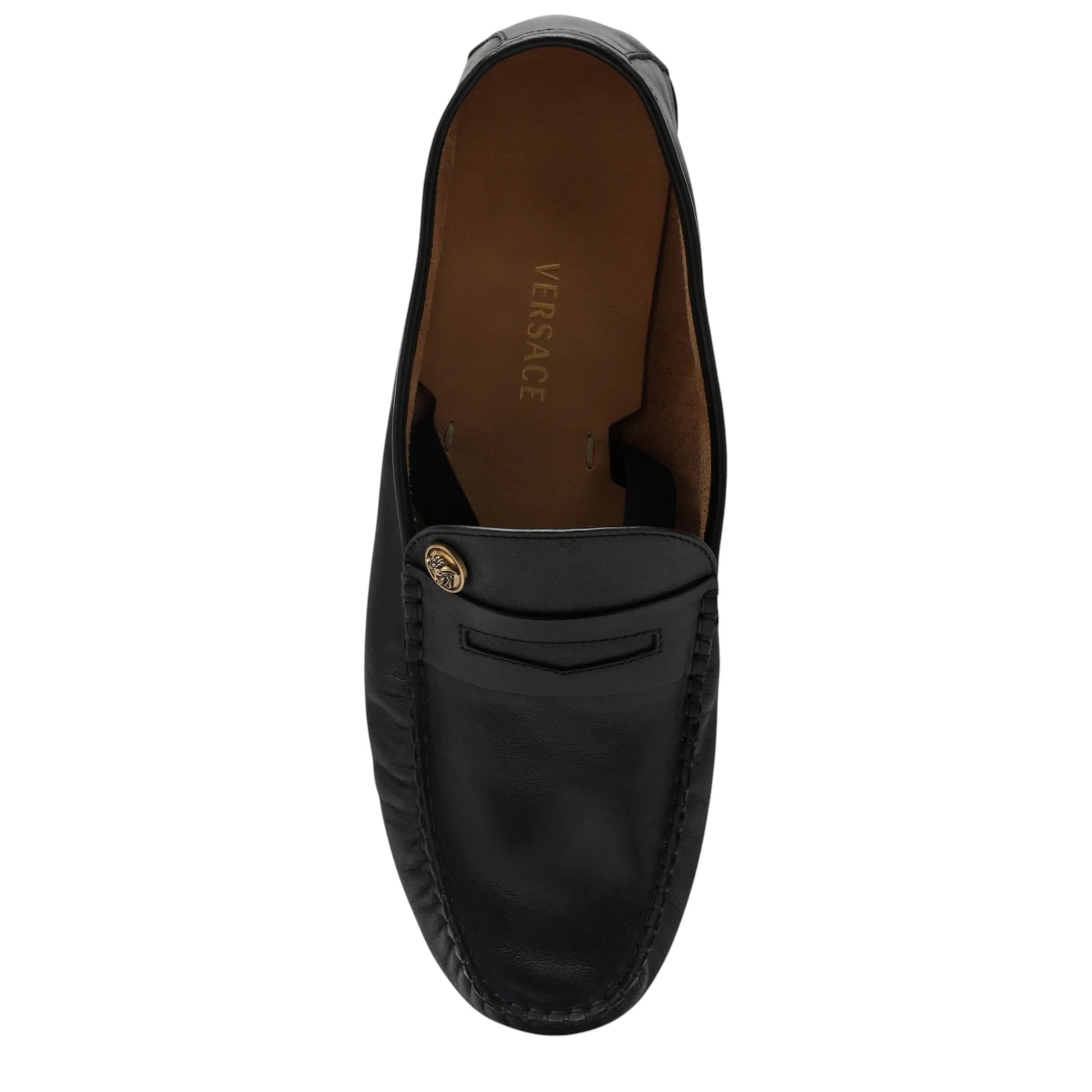 Versace black leather loafers with gold Medusa head detail. Made in Italy.