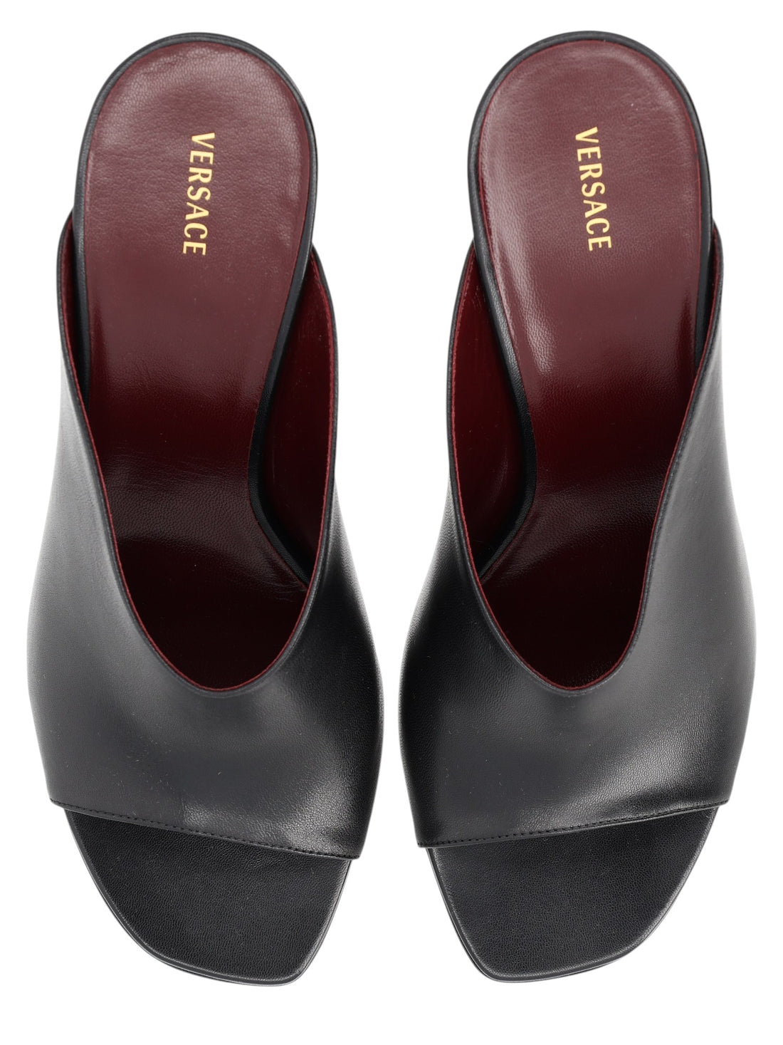 Versace black leather Giulietta mules with a 8cm heel and burgundy interior. Made in Italy.