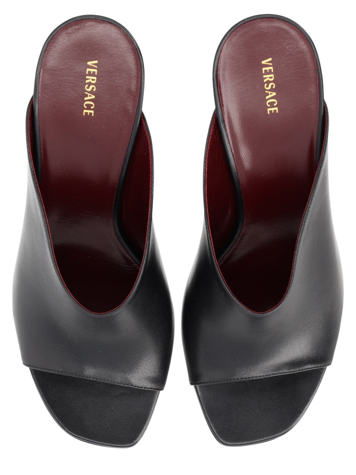 Versace black leather Giulietta mules with a 8cm heel and burgundy interior. Made in Italy.