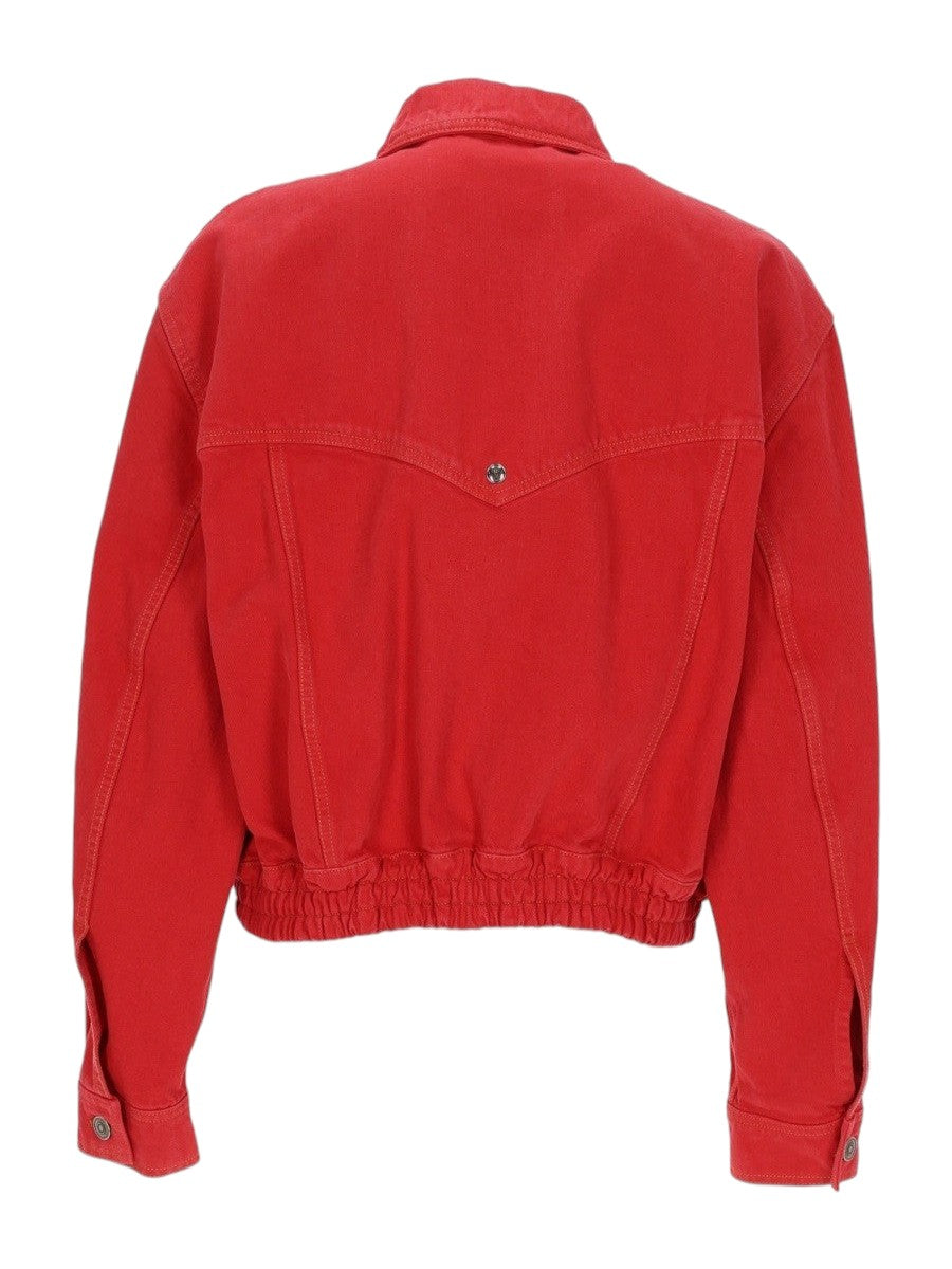 Back view of Versace oversized denim blouson in red featuring a cropped silhouette, elasticated hem and western-inspired seam detailing.