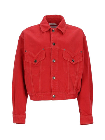 Versace oversized denim blouson in red featuring button-front closure, pointed collar, chest pockets and cropped fit.